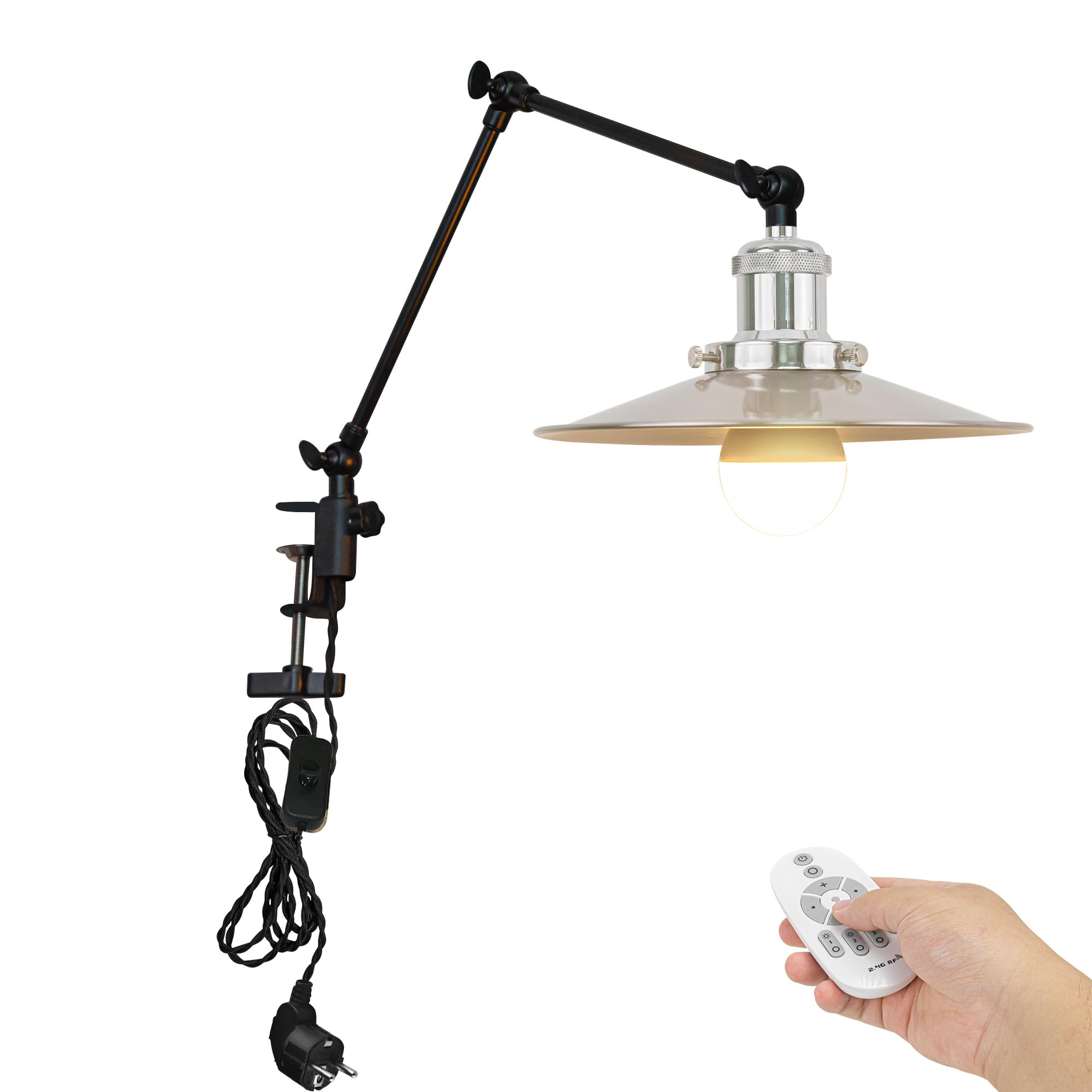 Industrial Klemmleuchte mit Fernbedienung, Einstellbar Clip auf Schreibtisch Leselampe,Dimmbar Clamp Nachttischlampe mit Flexarm für Schreibtisch Nachttisch Regal- TD/2773-C