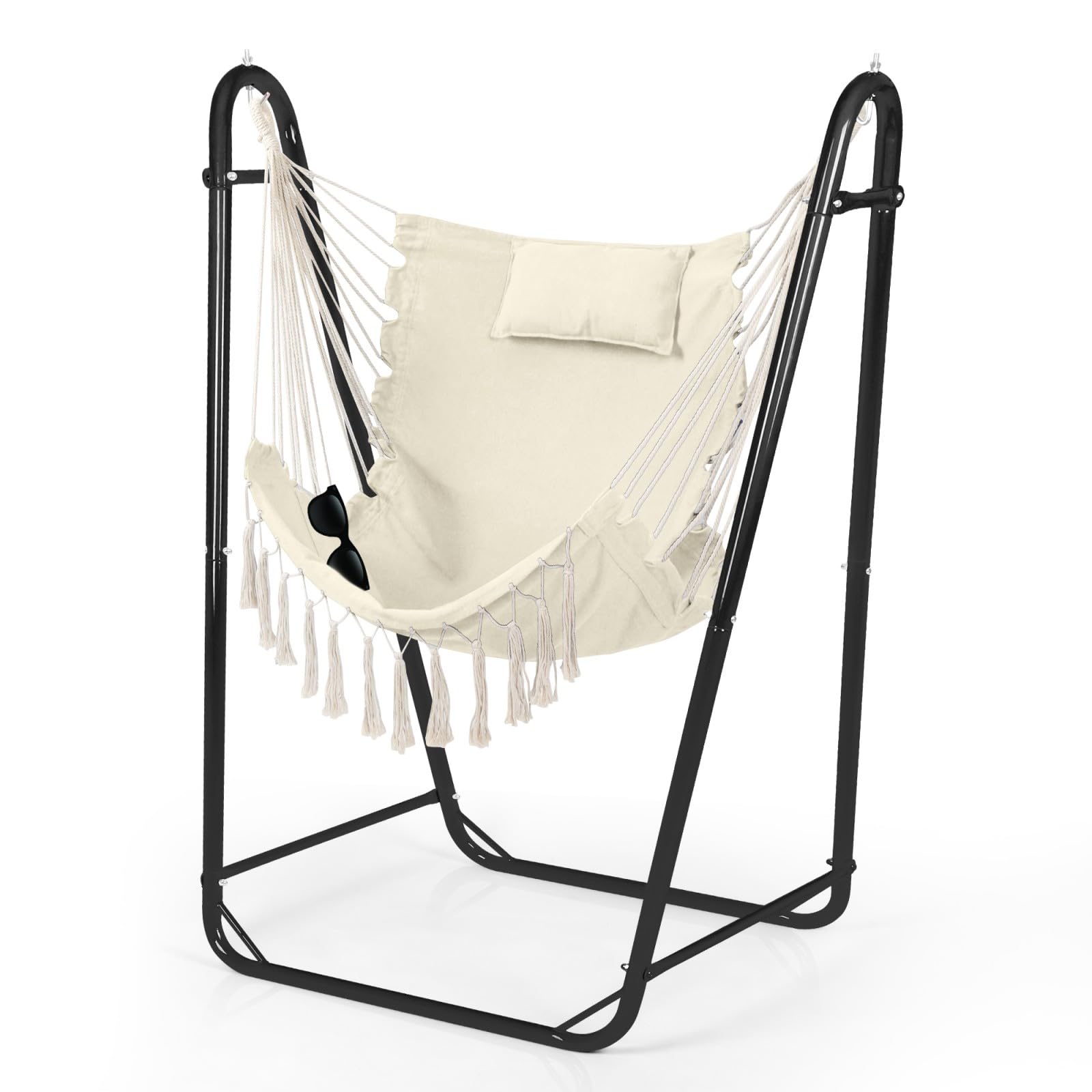 Photo 1 of ?Hammock Chair with U Shape Stand, Cotton Swing Chair with Side Pocket, Heavy-Duty Metal Frame with Hanging Seat, Multi-Functional Swing Stand for Indoor and Outdoor Patio Yard Garden (White)