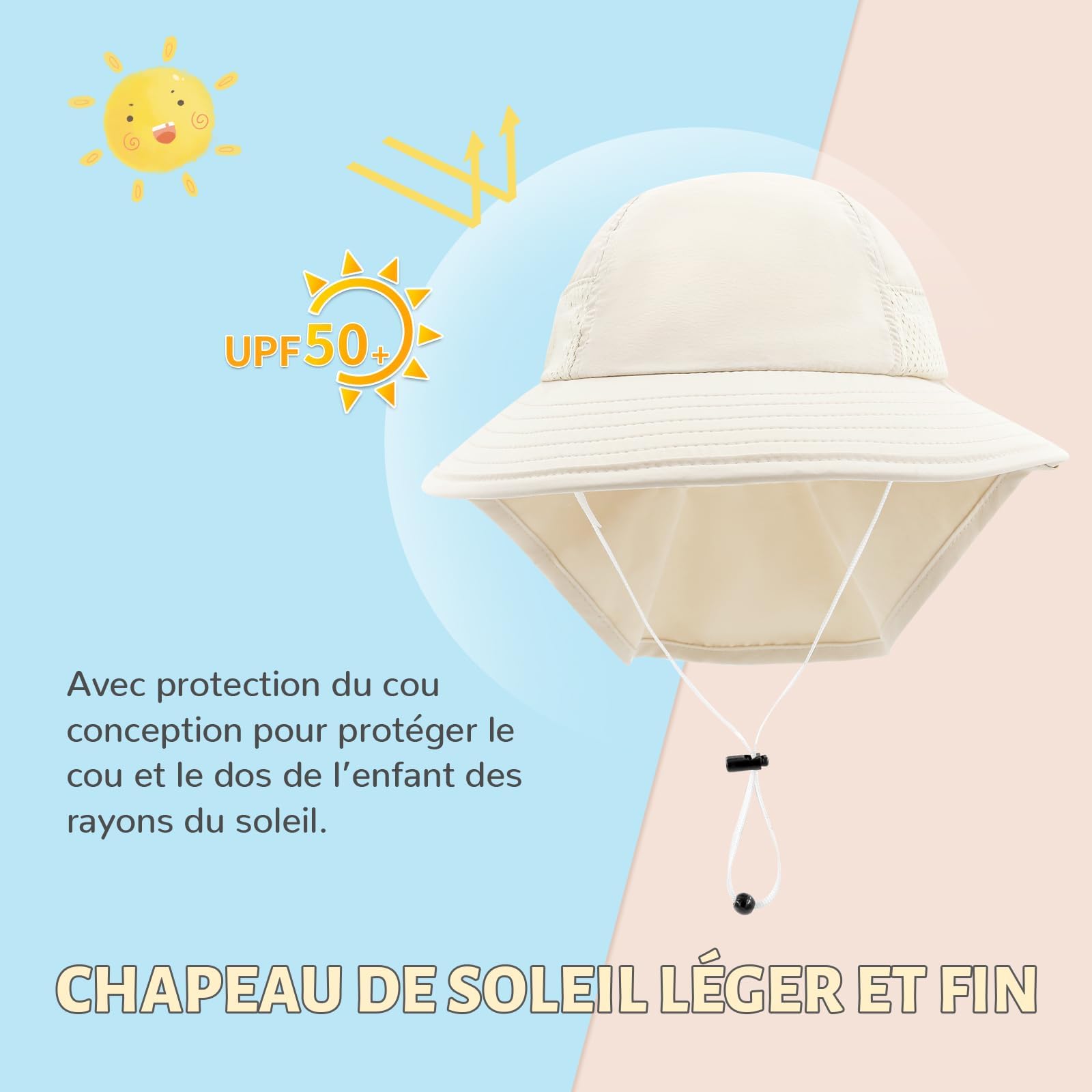 Bébé Chapeau de Soleil Fille Garçon Chapeau de Cou Protection Enfants Chapeaux de Seau Respirant Bébé Fille Chapeau de Plage Chapeau d'été pour Tout-Petits