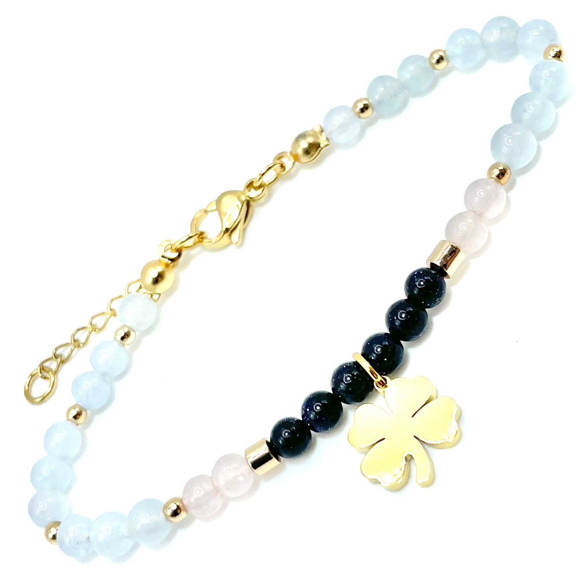 Stone's Grace Pulseras Aguamarina Para Mujer - Piedras Naturales - Trébol - Hecho a Mano - Cuentas Aventurina, Cuarzo Fresa de 5mm - Ajustable 17cm-20cm - Acero Inoxidable
