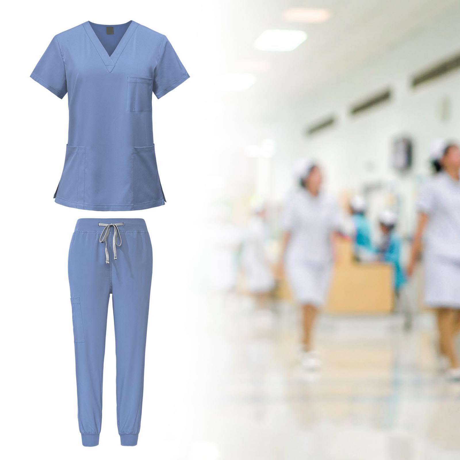 LOVIVER Female Scrub Set Nurse Workwear V Neckline Professional Machine Washable Top and Joggers Pant Work Clothing for Beauty Center, Light Blue, M