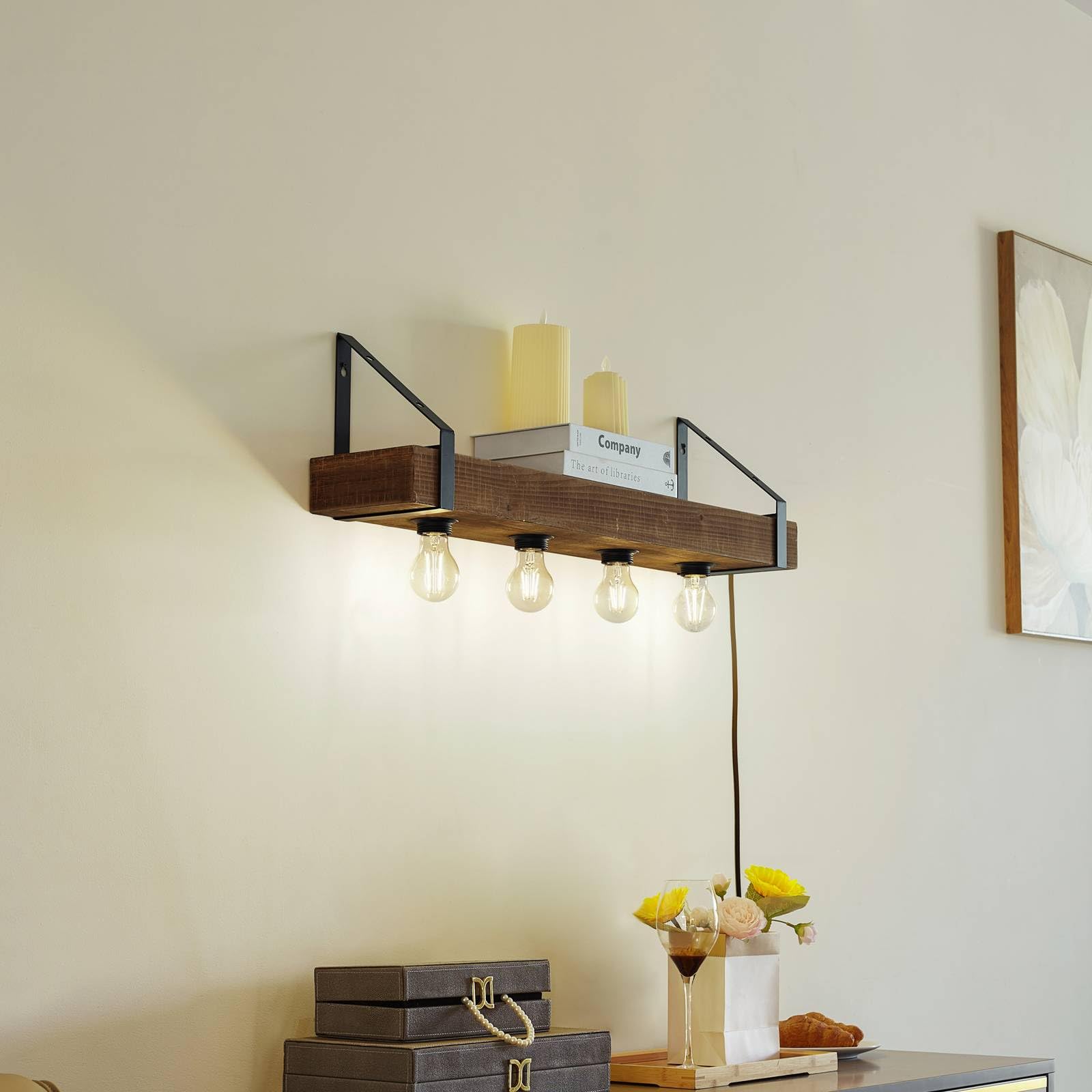 Lindby Applique Murale Vatana avec une connexion USB à intensité variable (Traditionnel) en Marron Bois e. a. pour Salon & Salle manger (à 4 lampes, E27) Lampe Eclairage