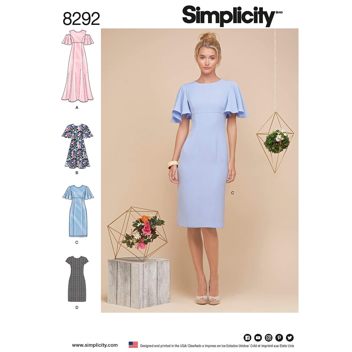 Simplicity US8292R5 Women's Flared Sleeve Dress Sewing Patterns, 14-16-18-20-22