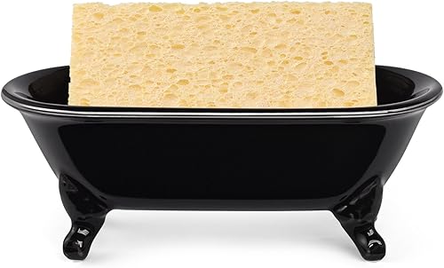 Miniatura 2 de Jabonera decorativa de cerámica de 6.5 pulgadas, soporte para esponja de cocina y bandeja de ducha para baño, 1 paquete (borde negro plateado)