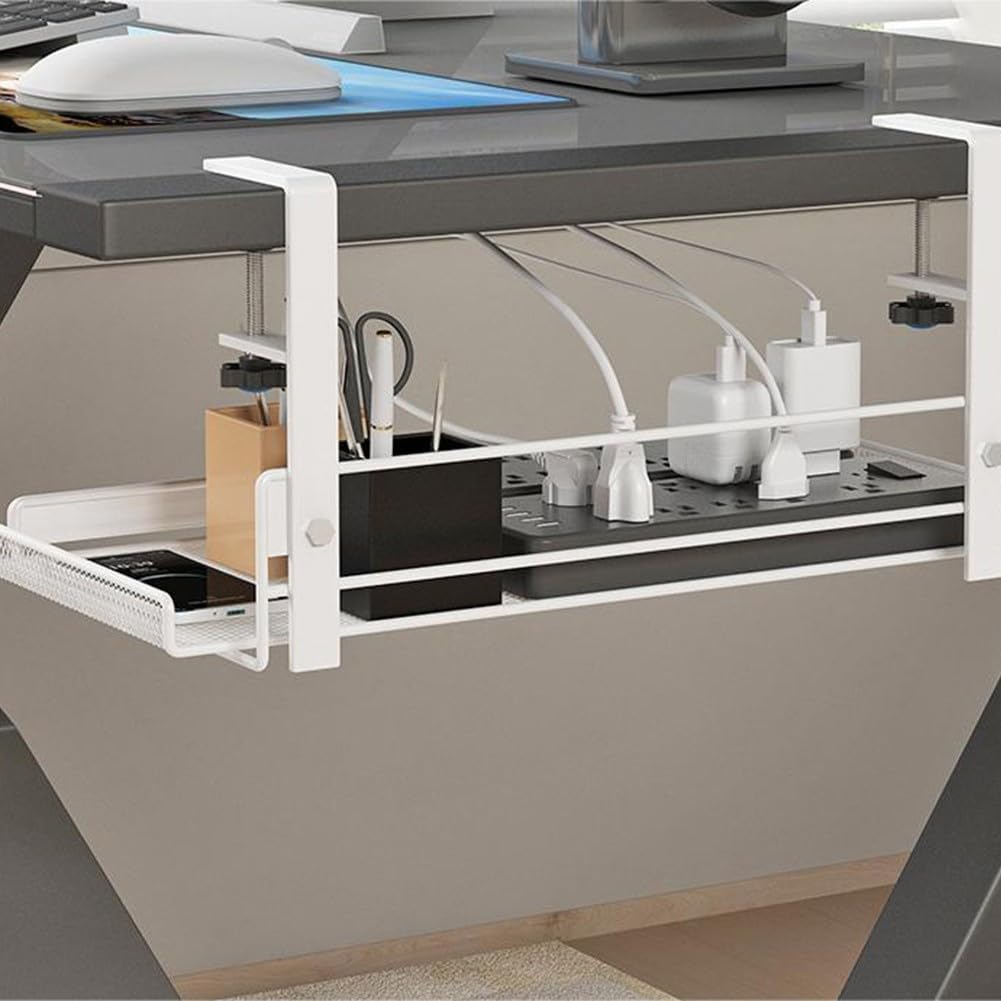 Organizer per cavi sotto la scrivania, senza trapano, organizer per cavi da scrivania in acciaio con ripiano regolabile, adatto a cavi e prese elettriche, facile installazione (nero L)