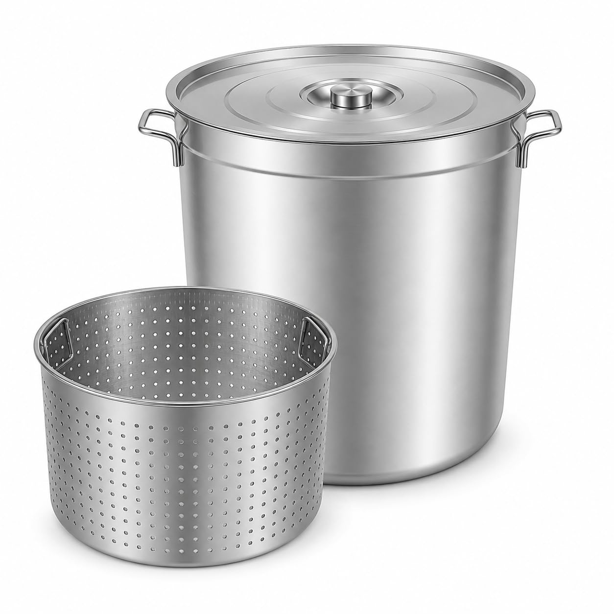 Pentola da 100 l, con coperchio e cesto, in acciaio inox, con cestello
