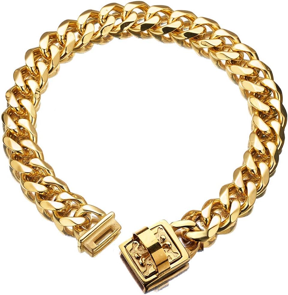 19 mm Dog Collar 18K Gold Heavy Duty Stainless Steel Dog Luxury Training Collar Cuban Link with Durable Clasp Necklace Chain (Gold, 18inch(for 15.6“~17.5" Neck))