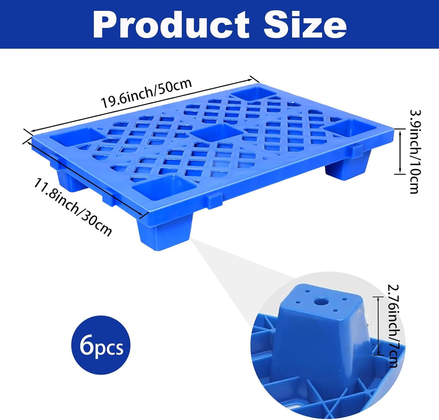 6 Pcs Plastic Pallets, Safety Storage Lightweight Nestable Spliceable Blue Polyethylene Pallets, Moisture-Proof Floor Pallet for Indoor Outdoor Storage, Garage and Warehouse(19.7" x 11.8" x 3.9")