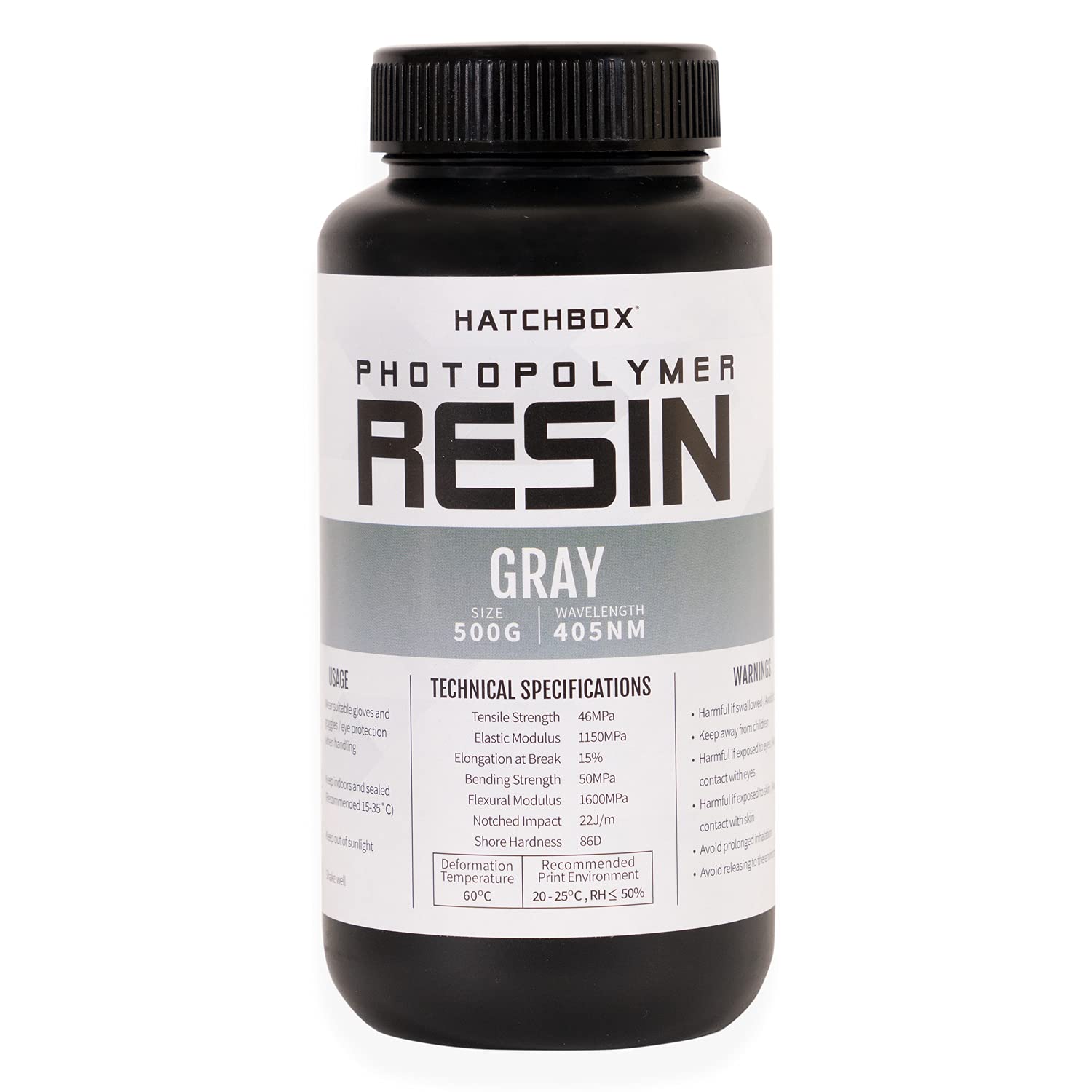 HATCHBOX 3D Printer Resin, High Precision Non-Brittle 405 nm UV Curing Photopolymer for LCD DLP Printing, 500ml Bottle – Gray