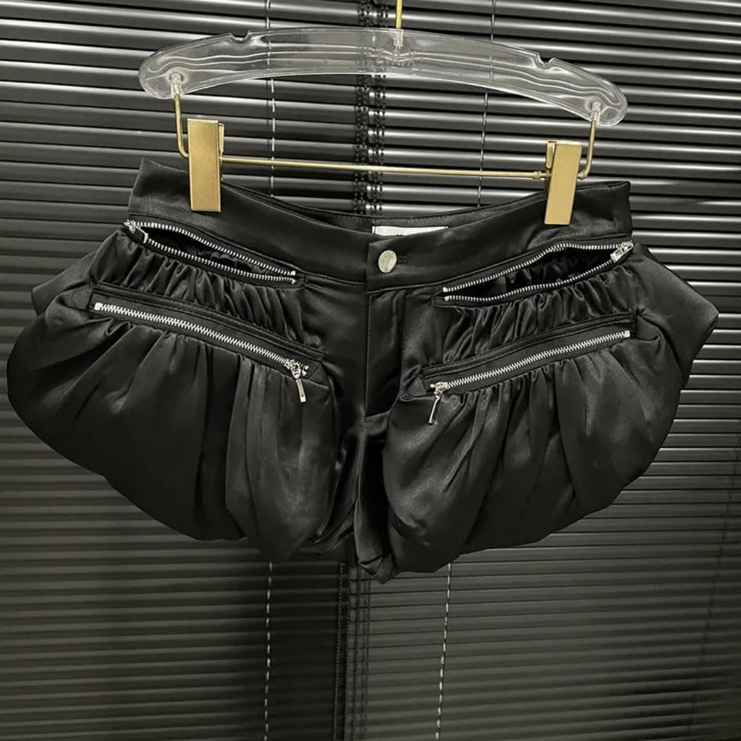 Women's Solid Color Multi Zipper Design Shorts High Waist Puffy Short Pants