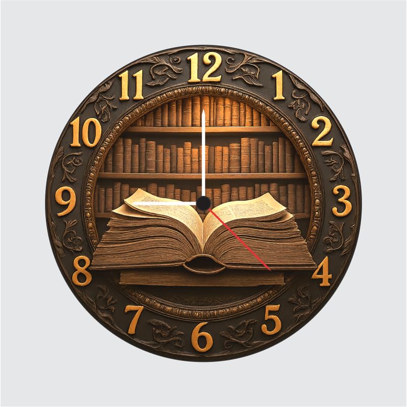 3D Wooden Book Theme Wall Clock 12 Inch Round Clock – Vintage Library Decor for Study and Office-image-4