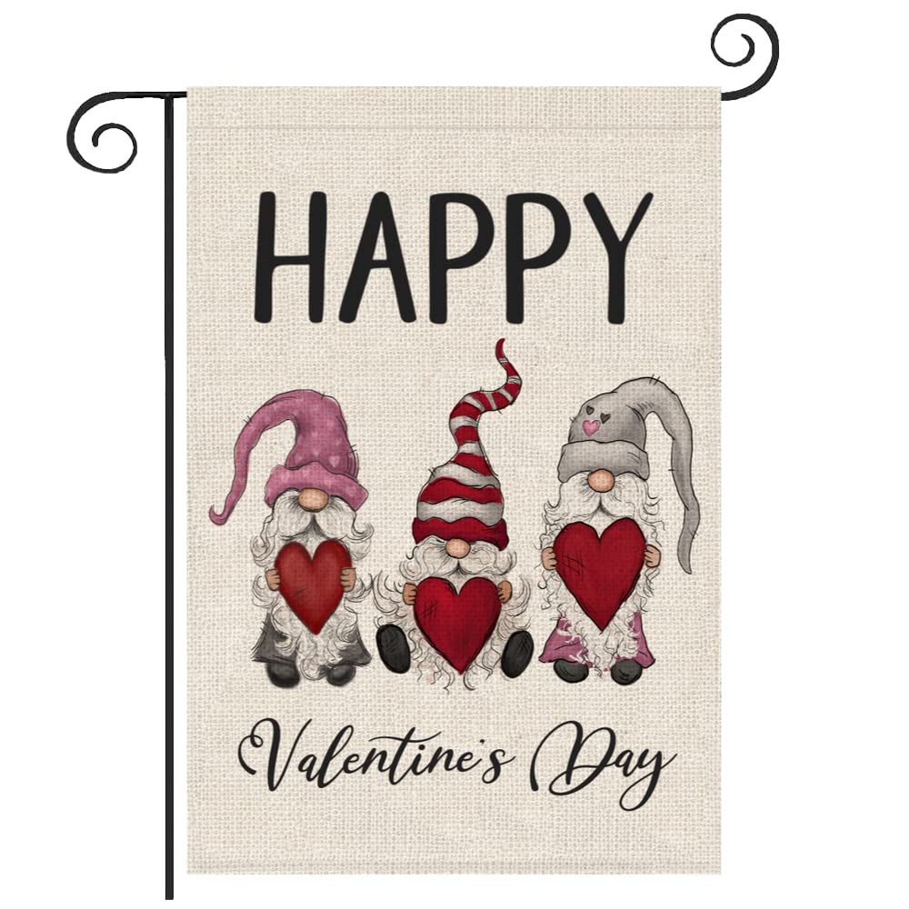 PartyBuzz Valentine Gnomes Garden Flag (12x18, Double Sided) Small Happy Valentines Day Burlap Yard Flag for Outside