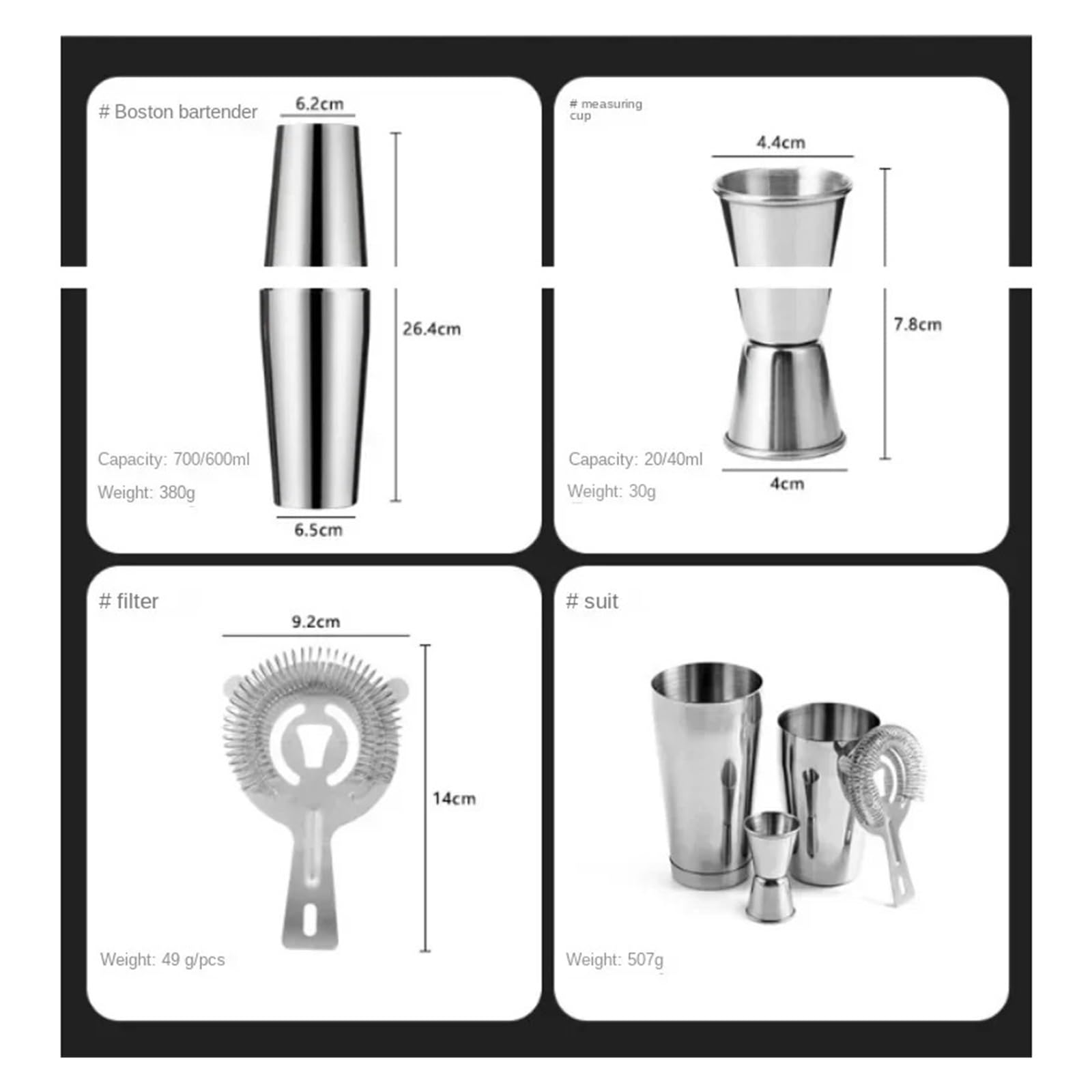 Juego de 4 cocteleras mezcladoras, kit de barman, coctelera de bebidas mixtas de 18 oz y 28 oz, colador, medidor doble Medidor de Cóctel