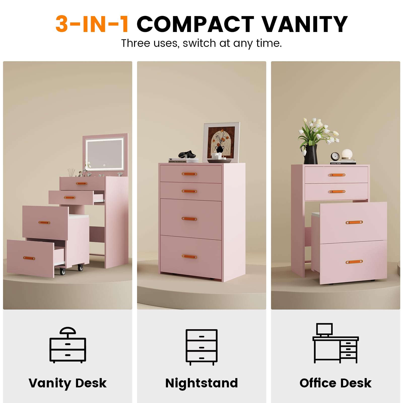 Garvee Tocador Moderno 3 en 1 para Dormitorio - 3 cajones amplios - Mesa de Maquillaje Multifuncional - Diseño Elegante para el hogar - Color Rosa