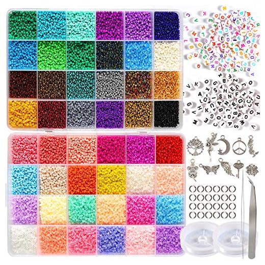 35000pcs 2mm 12/0 Glass Seed Beads for Jewelry Making Supplies Kit Small Bead Craft Set Bracelets Necklace Ring Making Kits Glass Seed Letter Alphabet Beads Charms Pendants DIY Art Craft Kit for Girls