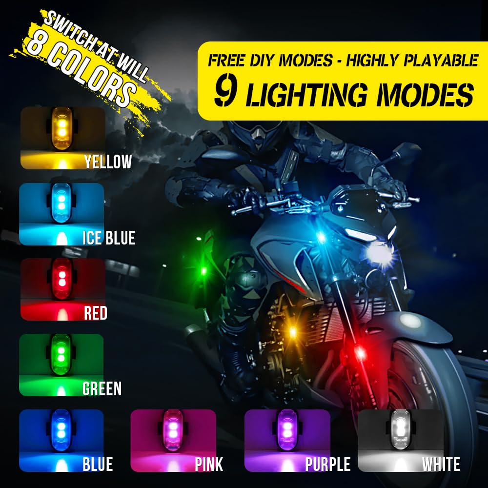 Luci Stroboscopiche LED Senza Fili con Telecomando, 8 Colori Ricarica USB Lmpermeabile Luce a LED per L'interno Dell'auto Moto Bicicletta Drone Camion Anti-collisione (8PCS)