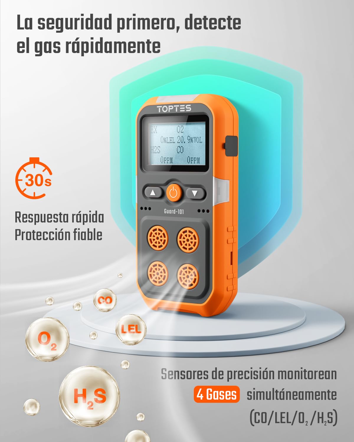 TopTes Guard-101 Detector de Gas, Monitor de 4 Gases para H2S, CO, LEL y O2, con Alarmas de Vibración, Visuales y Sonoras, 14h de Autonomía, Seguridad Antidesflagrante, para Trabajo y Casa - Naranja