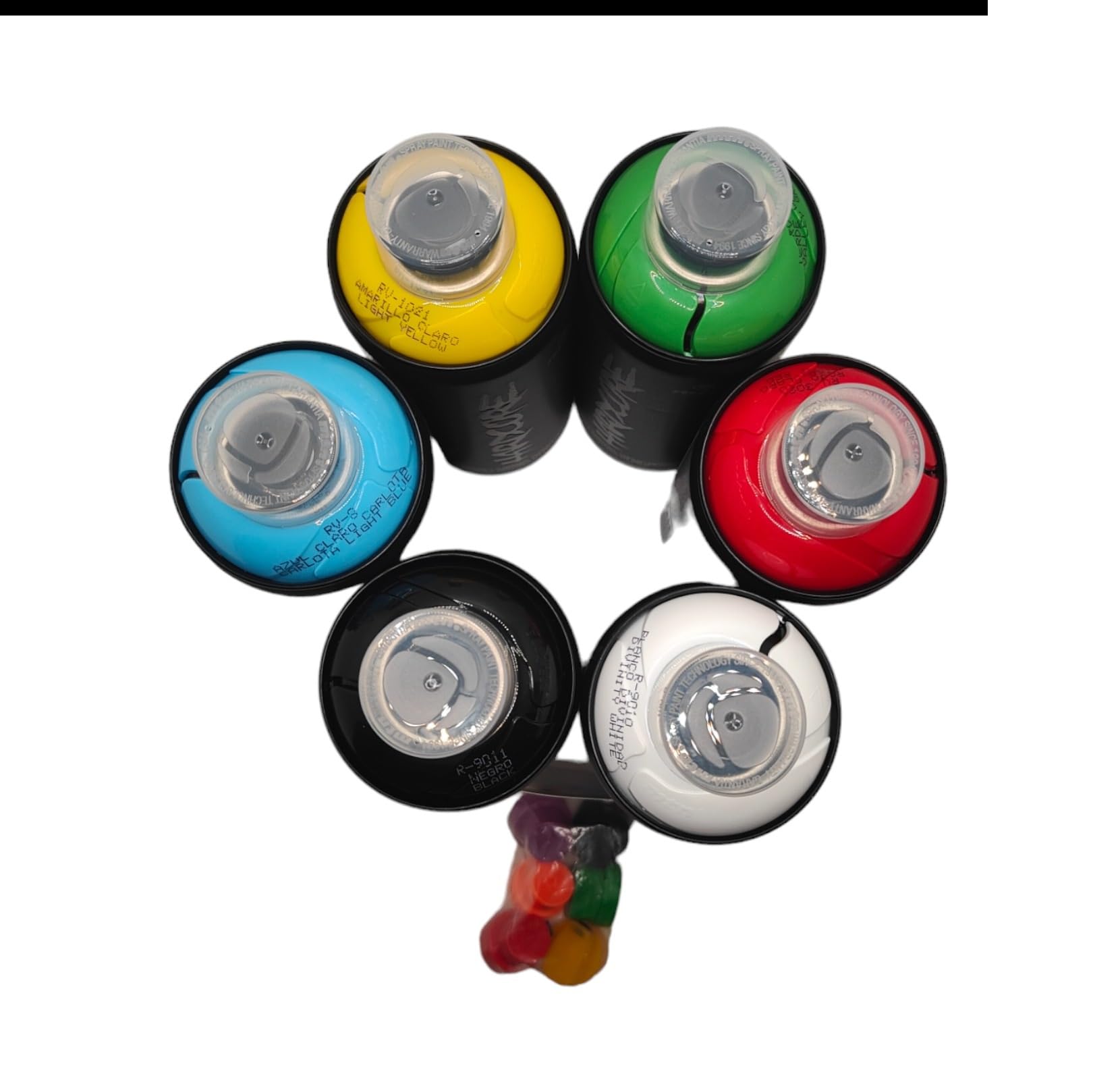 MTN PROGAL COLORS Hardcore 2 Set de Artistas, 6 Pinturas en Aerosol para Grafiti Mural, Arte Callejero, 400 ml, Azul, Amarillo, Verde, Rojo, Blanco y Negro + 6 Boquillas de Repuesto