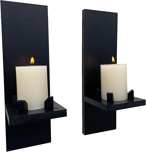 Portavelas de madera rústica, aplique de decoración de pared, estante para maceta, florero, frascos, juego de 2 (negro)