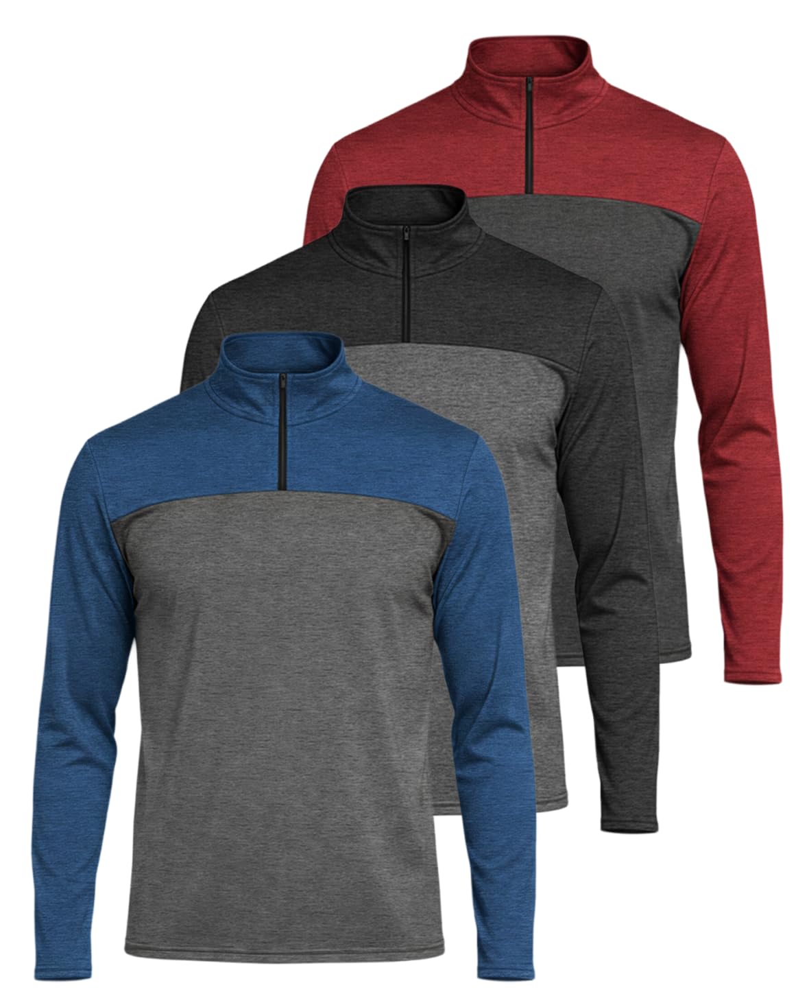 Real Essentials 3 Pack: Men's Dry-Fit Active Quarter Zip Long Sleeve Athletic Performance Pullover (Available in Big & Tall)