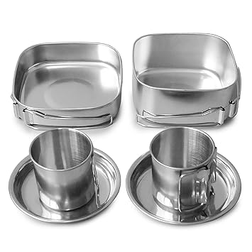 Haibing 6 PCS Outdoor Pot Set Camping Soup Coffee Water Cups Stainless Steel Cooking Pans Plates Set for 1-2 People