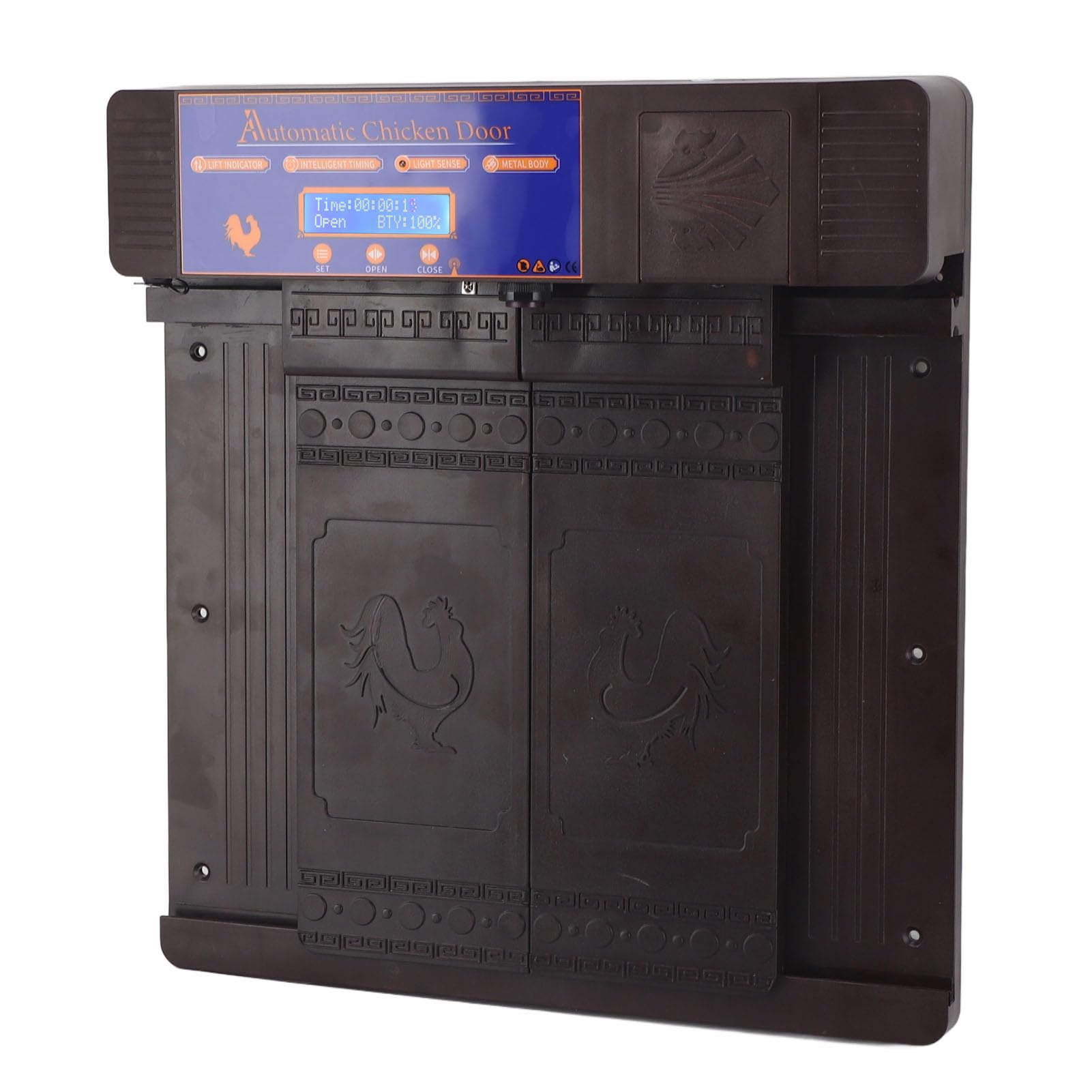 Aramox Puerta Automática Solar para Gallinero, Puerta Automática de Plástico para Pollos con Temporizador, Sensor de Luz, Control Remoto, Infrarrojos, Antipellizco para Pollos, Patos, Gansos (Marron