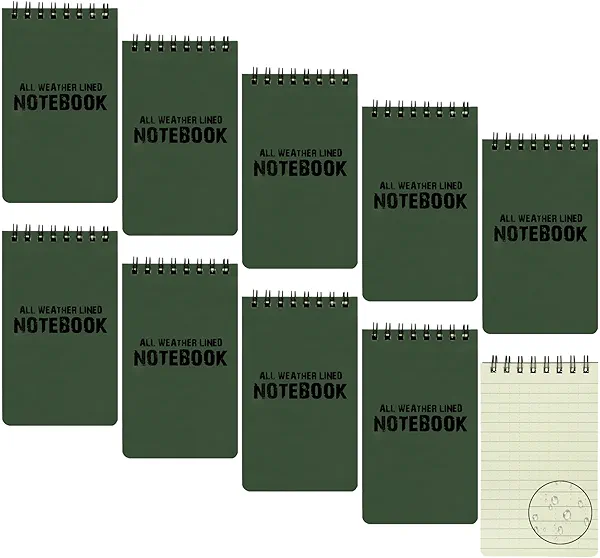 CUGBO 10 Pack Waterproof Notebook, All-Weather Pocket Sized Tactical Notepad, Top Spiral Memo Grid Paper Notepad for Outdoor Activities Recording(Army Green, 3"x5")