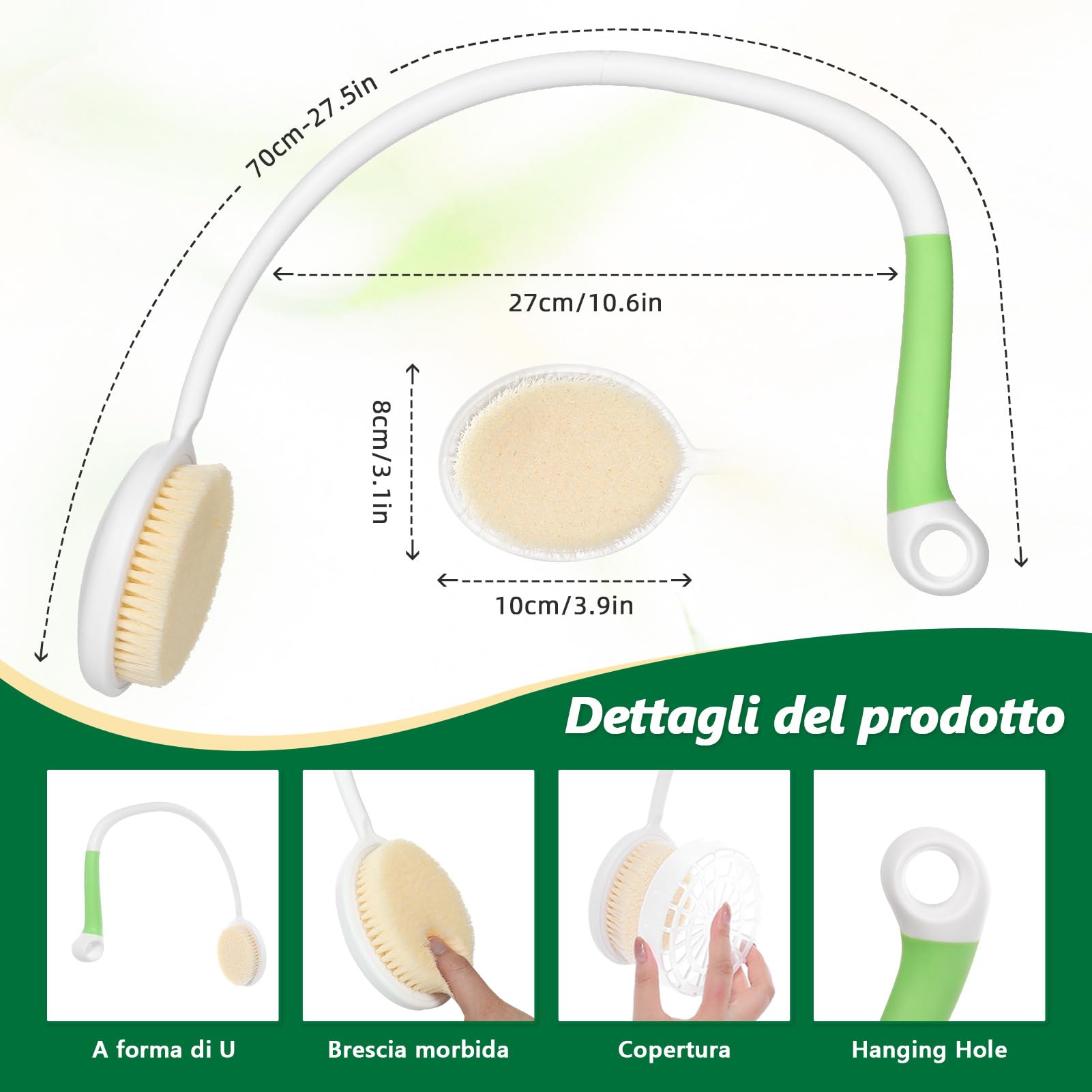 Spazzola per schiena con manico lungo, ergonomica, con setole morbide, per tutte le parti del corpo, per tutti i tipi di pelle, esfoliazione morbida, miglioramento della salute della pelle