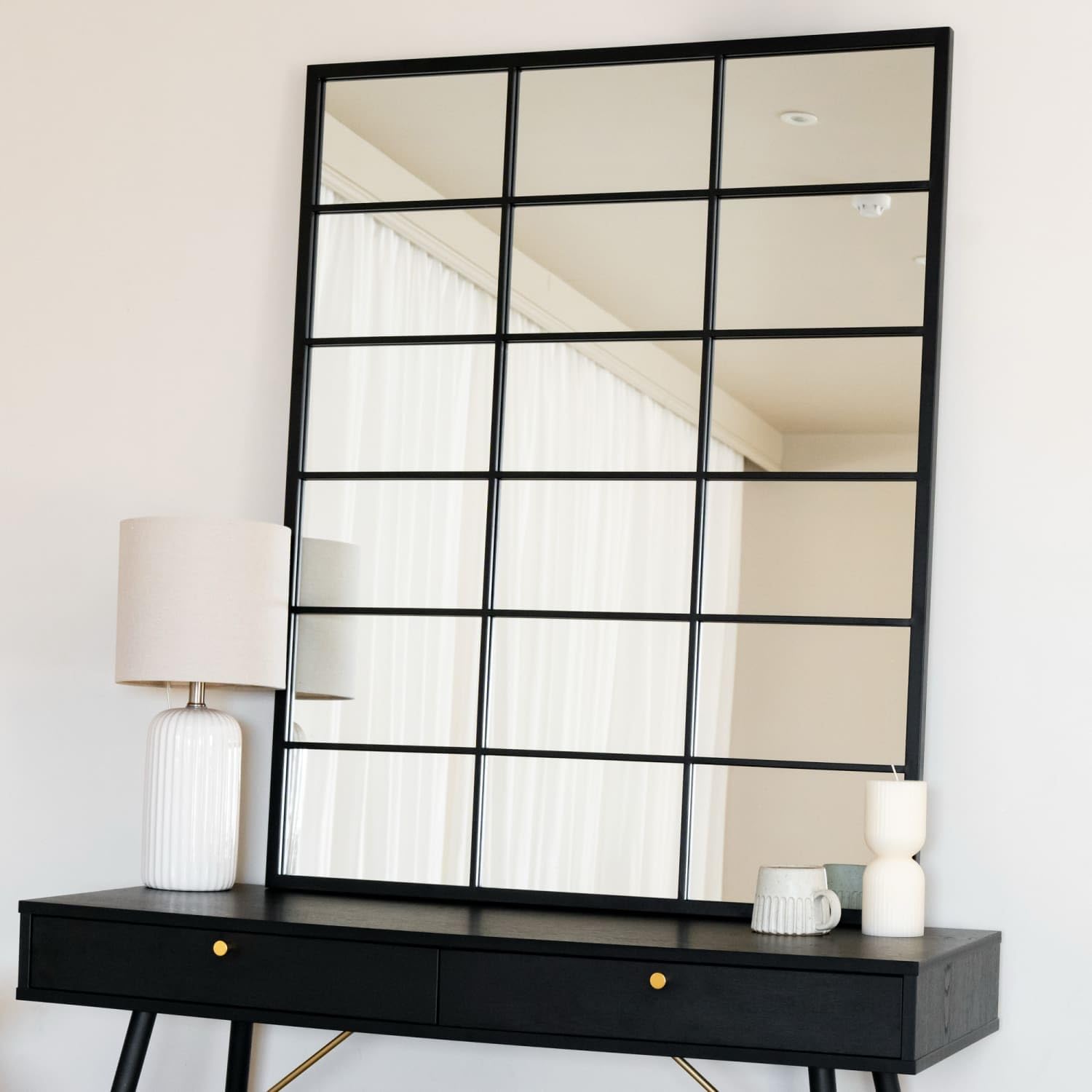 B&Q - Jōbū Jobu HomeKyoBlack Metal Rectangle Lattice Window Mirror120Cm X 95Cm