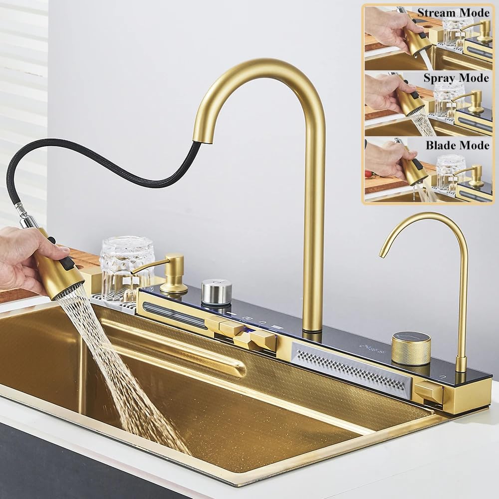 Küchenspüle mit Seifenspender aus Edelstahl mit Wasserhahn, Becherspüler, großer Einzelschüssel mit Wasserfall- Sprinkler und Regenfunktion, 4-Funktionen System, Spülbecken Spüle Golden 75x46cm