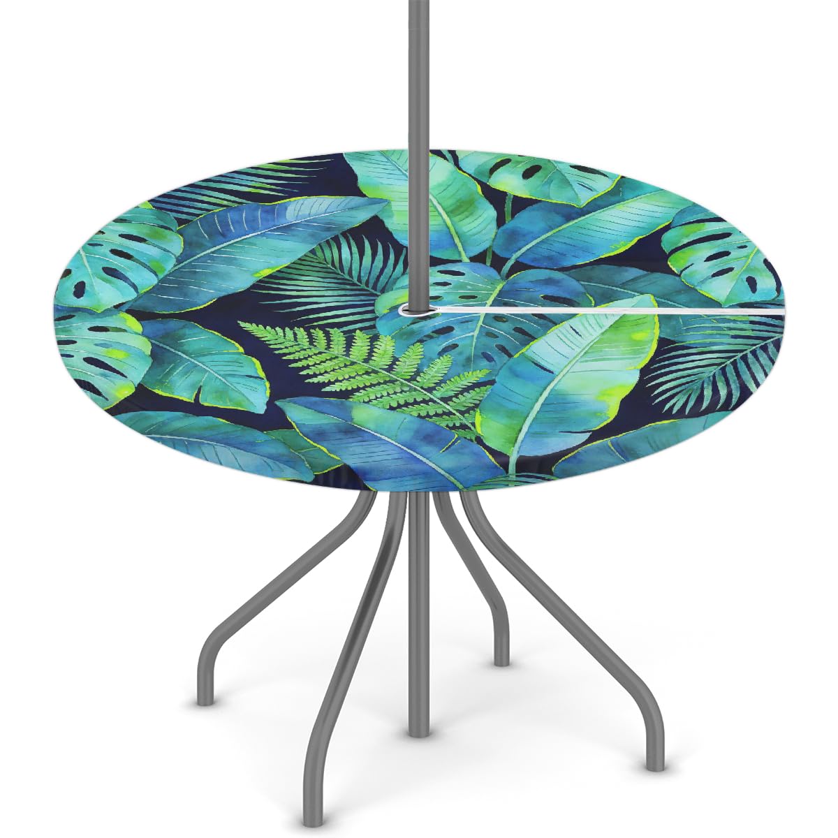 KNEMI Round Garden Table Cloth With Parasol Hole, 45"-56" Tropical Palm Leaf Outdoor Circular Fitted Tablecloth Umbrella Zipper Tablecloth Waterproof Elastic Edged Table Cover for Party Picnic โ image 1