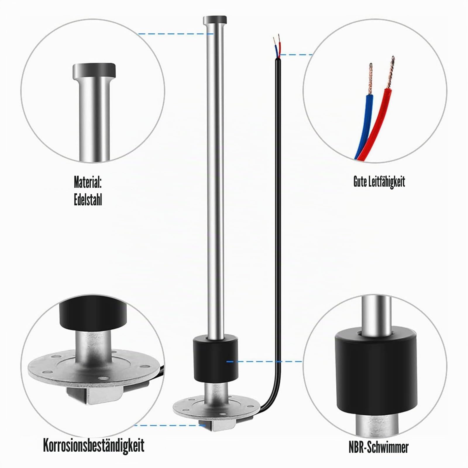 Geloo Füllstandssensor, Edelstahl-Kraftstoffsendeeinheit Wasserstandsanzeige-Sensor Autokraftstoffwasserstandsensor für Kraftstoffwasseranzeige 0~190 Ohm (100MM)