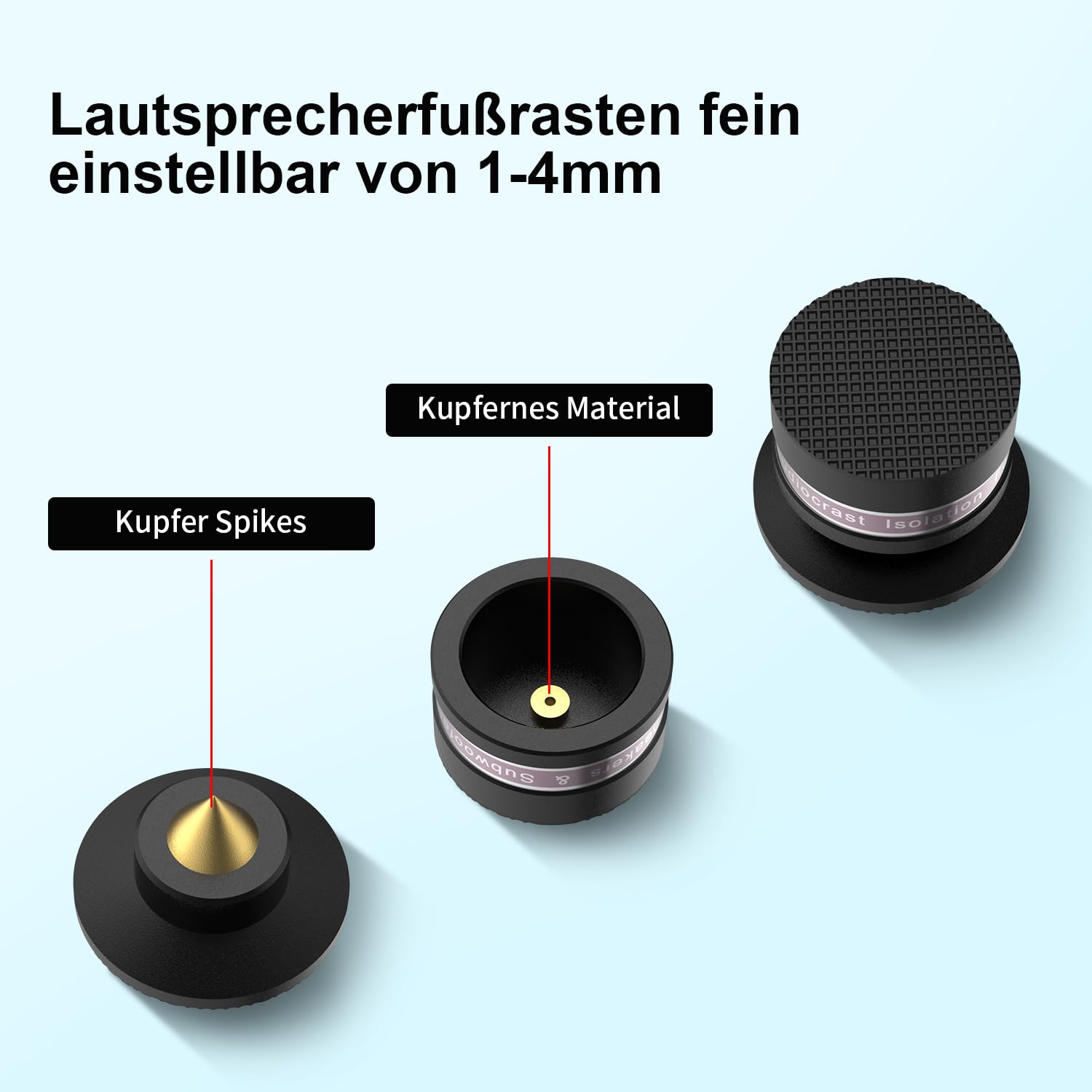 Lot de 4 haut-parleurs en aluminium - Pieds - Réglable en hauteur avec rondelle - Absorbeur de chocs - Pour haut-parleurs, appareils Hi-Fi, caisson de basses et CD DAC - Noir