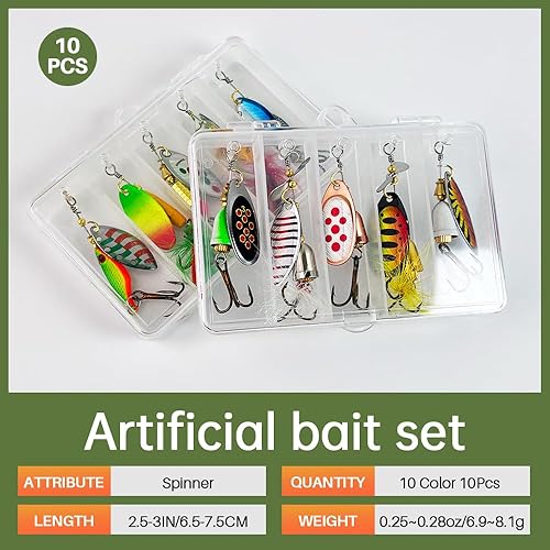 Miniatura 2 de Señuelo de pesca Spinnerbait, róbalo, trucha, salmón, cebo de metal duro giratorio, set con 2 cajas de anzuelos por Tbuymax, 10 unidades