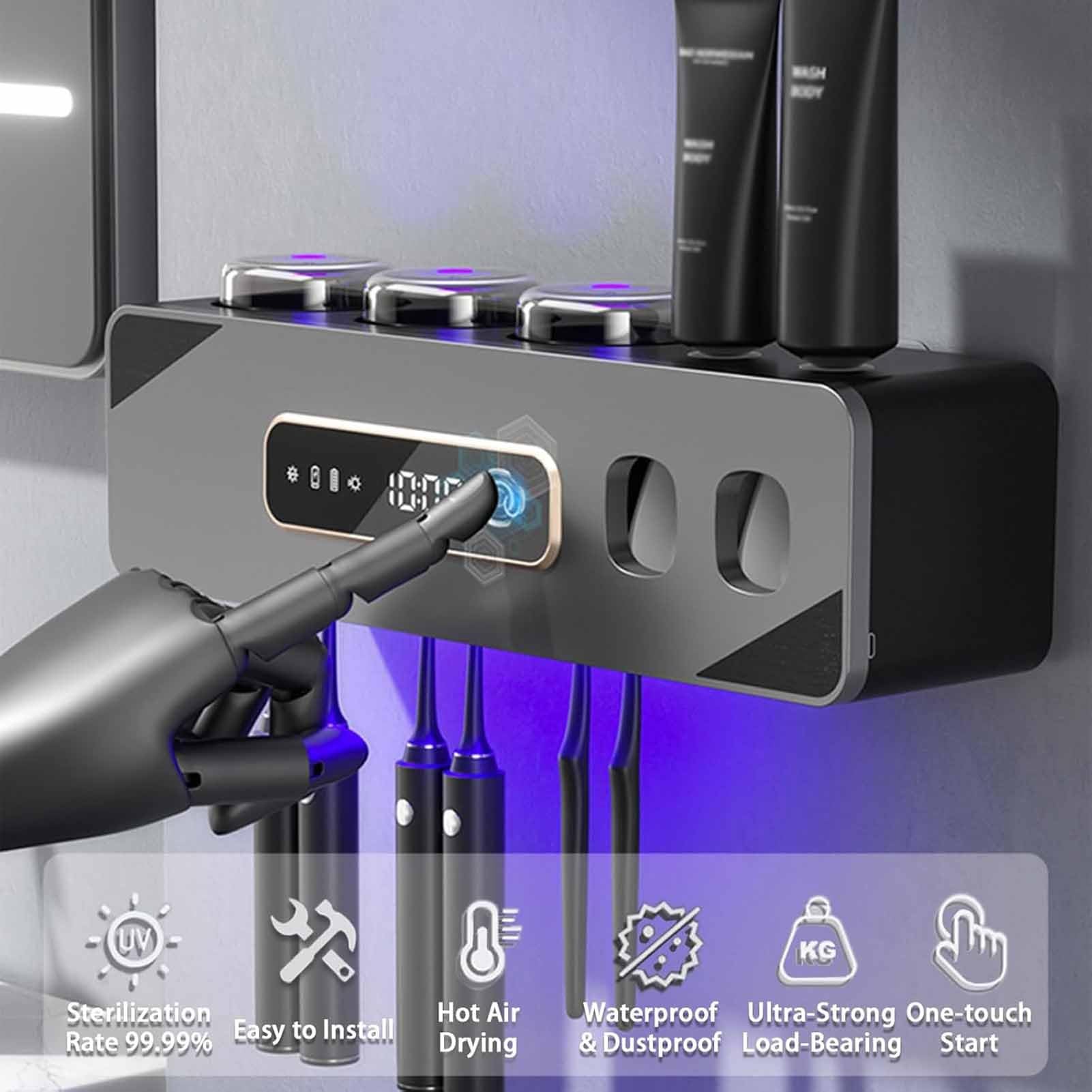 Portacepillos de Pared con Ventilador de Secado y Temporizador de 6 Minutos Dispensador de Pasta de Dientes Recargable