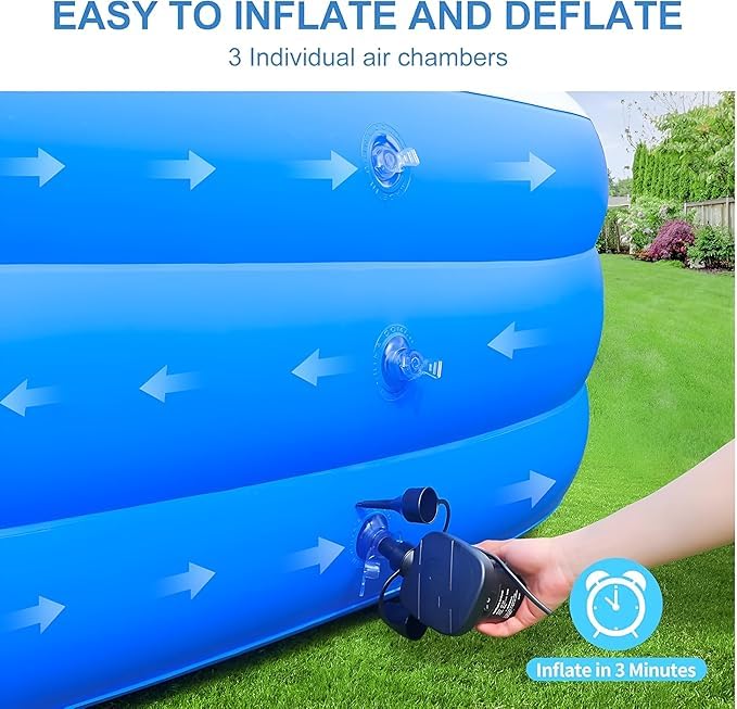 Image of Rectangular Inflatable Swimming Pool for Kids with Electric Pump, Duck Family Toy & Beach Ball, 3 Ring Striped Design, Outdoor Summer Water Party Bath tub,Blue (210 x 150 x 60 cm, 7 Feet)