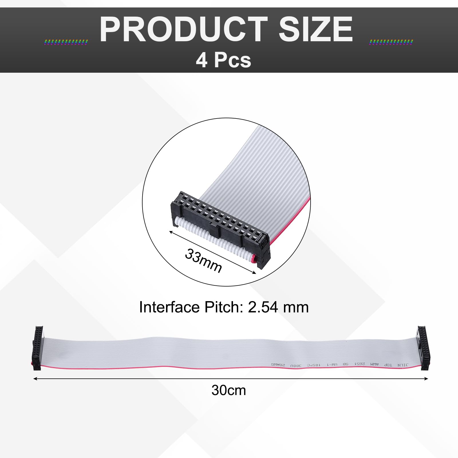 sourcing map Lot de 4 câbles plats IDC, pas de 2,54 mm, 33 mm de large, 30 cm de long, 26 broches FC vers FC pour PC, écrans LED