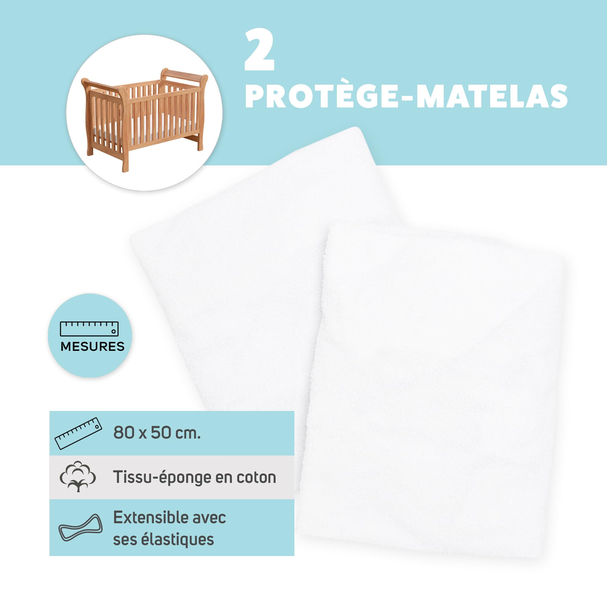 Ti TIN, Lot de 2 Protèges Matelas pour Lit Enfant/Bébé, 50x80 cm | Protège matelas Doux, Respirant, Imperméable et Antibactérien - 100% Coton - Doublure en Polyuréthane - Tissu Éponge - Couleur Blanc