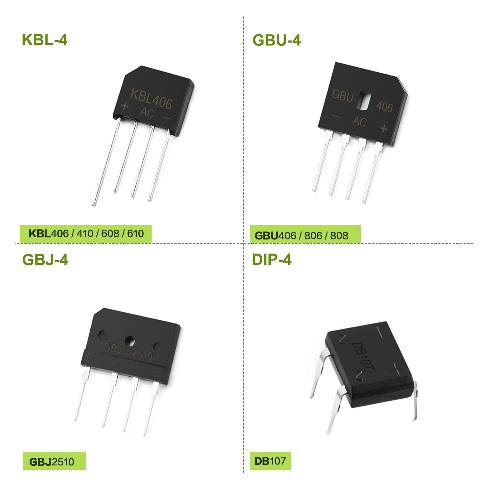 5pcs KBP206 KBP210 KBP310 KBL406 KBL410 KBL608 KBL610 GBU406 GBU806 GBU808 GBJ2510 DB107 KBPC610 800V Diode Bridge Rectifier 1000V (KBL410)