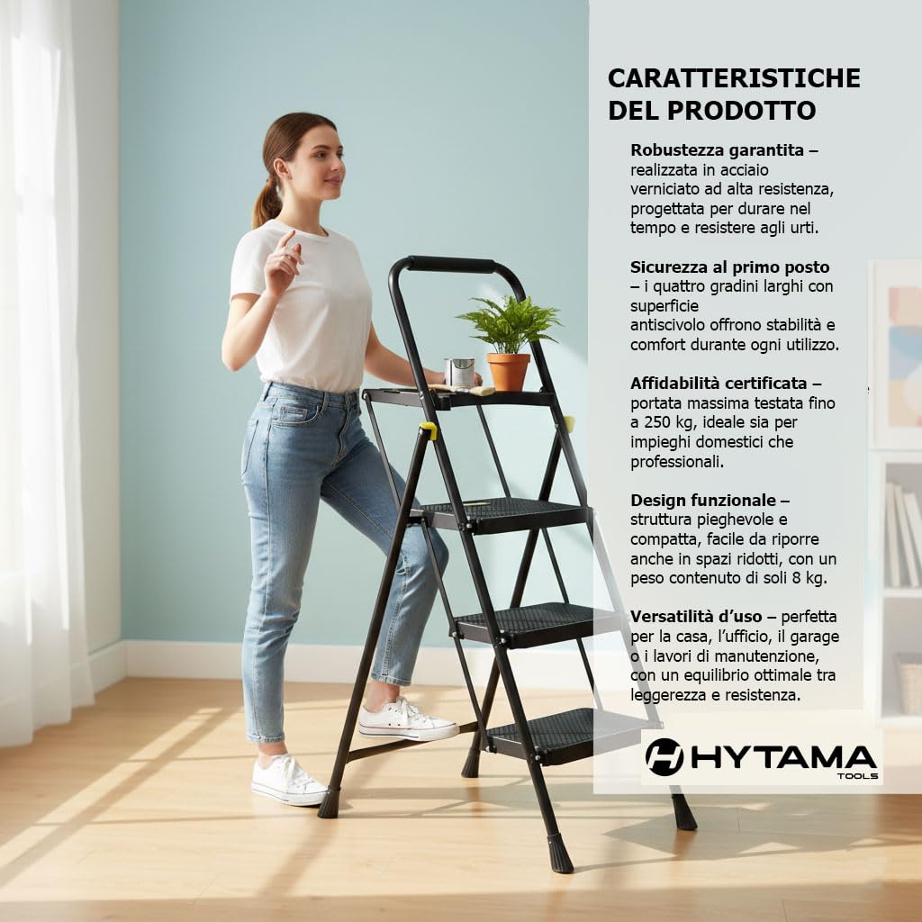 HYTAMA Scala Scaletta Pieghevole 3 Gradini Nero PLUS con Portaoggetti con Piedini Antiscivolo, Struttura in Acciaio, Impugnatura in Spugna, Leggera, Multiuso, Certificata EN14183 testata fino a 250Kg