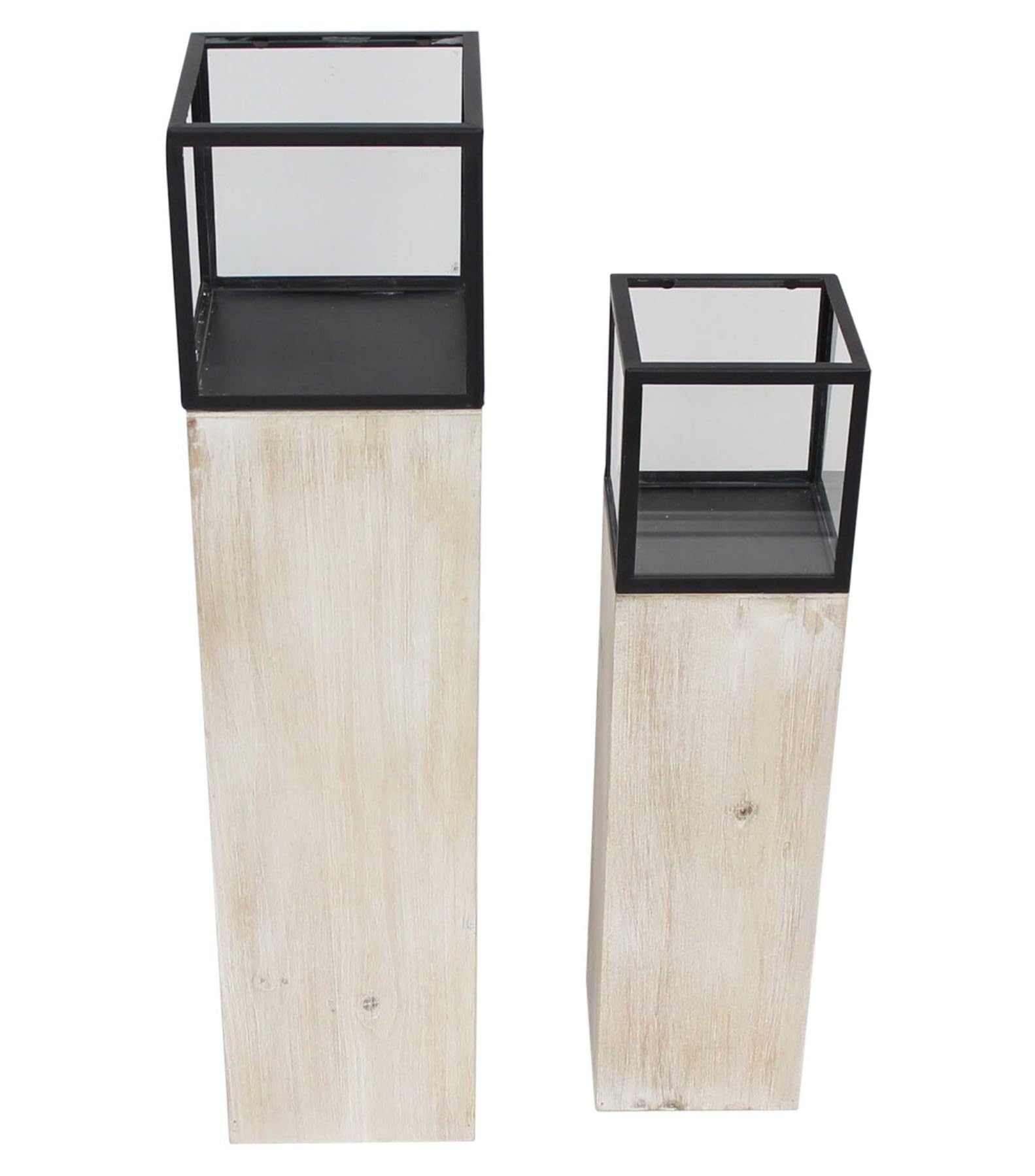 Dekoleidenschaft 2X Windlichtsäule Modern Shabby aus Holz, Metall & Glas, 60 + 78 cm hoch, Kerzenhalter, Kerzenständer, Dekosäule für Wohnzimmer, Holzsäule mit Kerzenglas, Boden-Windlicht