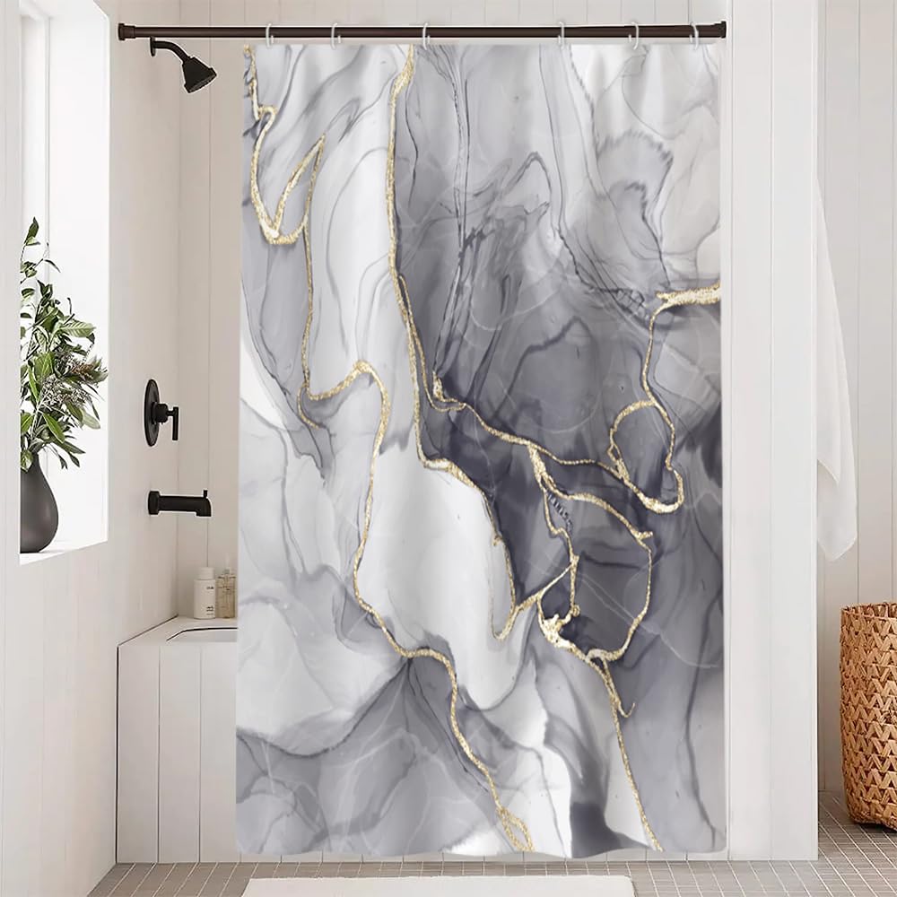Ruelvth Grey Shower Curtain, Ombre Light Grey Marble Shower Curtain Set Modern Aesthetic Gray Ink Texture Waterproof Bathroom Curtain with Hooks,