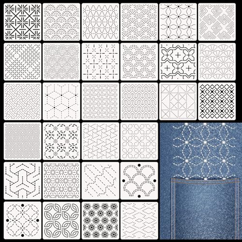 Affrolling 30 Pcs Plastic Sashiko Stencil 4.7 x 4.7 Inch Geometric Sashiko Pattern Template Drawing Line Quilting Stencil Embroidery Pattern Stabilizers for Sewing Hand Quilting and Embroidery
