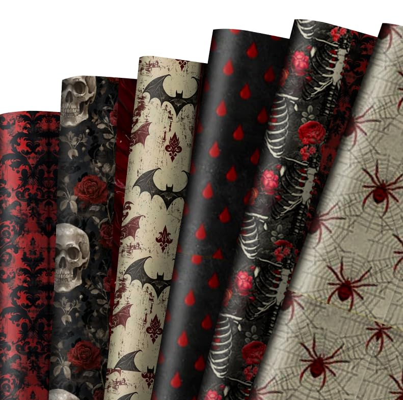 Whaline 12 Sheets Halloween Vintage Wrapping Paper - Not Roll - Rose Skull Skeleton Bats Gift Wrap Paper Folded Flat for DIY Crafts Gothic Holiday Horror Party 19.7 x 27.6 Inch