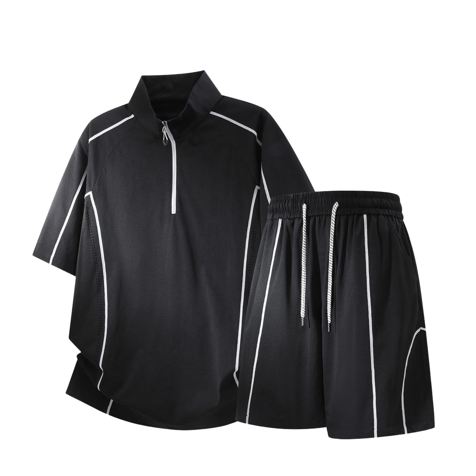Men's Sport Set Ice Silk Thin Half Zip T-shirt szorty Casual Loose Summer