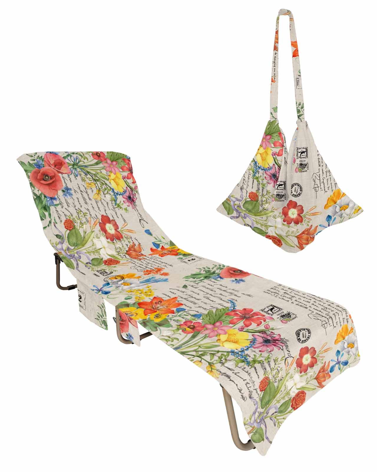 Vintage Botanical Beach Lounge Chair Towel Cover, Soft Chaise Lounge Towel with Side Pockets Patio Pool Chairs Cover for Beach/Pool Sunbathing 29x85 Spring Floral Colorful Pastoral