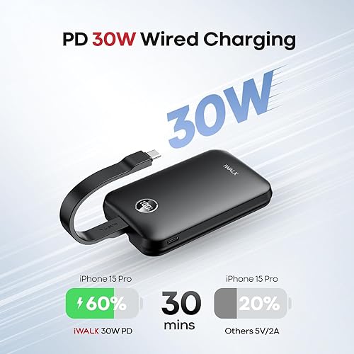 Miniatura 2 de iWALK Banco de energía magnético de 10000 mAh, cargador portátil inalámbrico de 30 W con cable USB-C de carga rápida, batería certificada Qi2 de 15