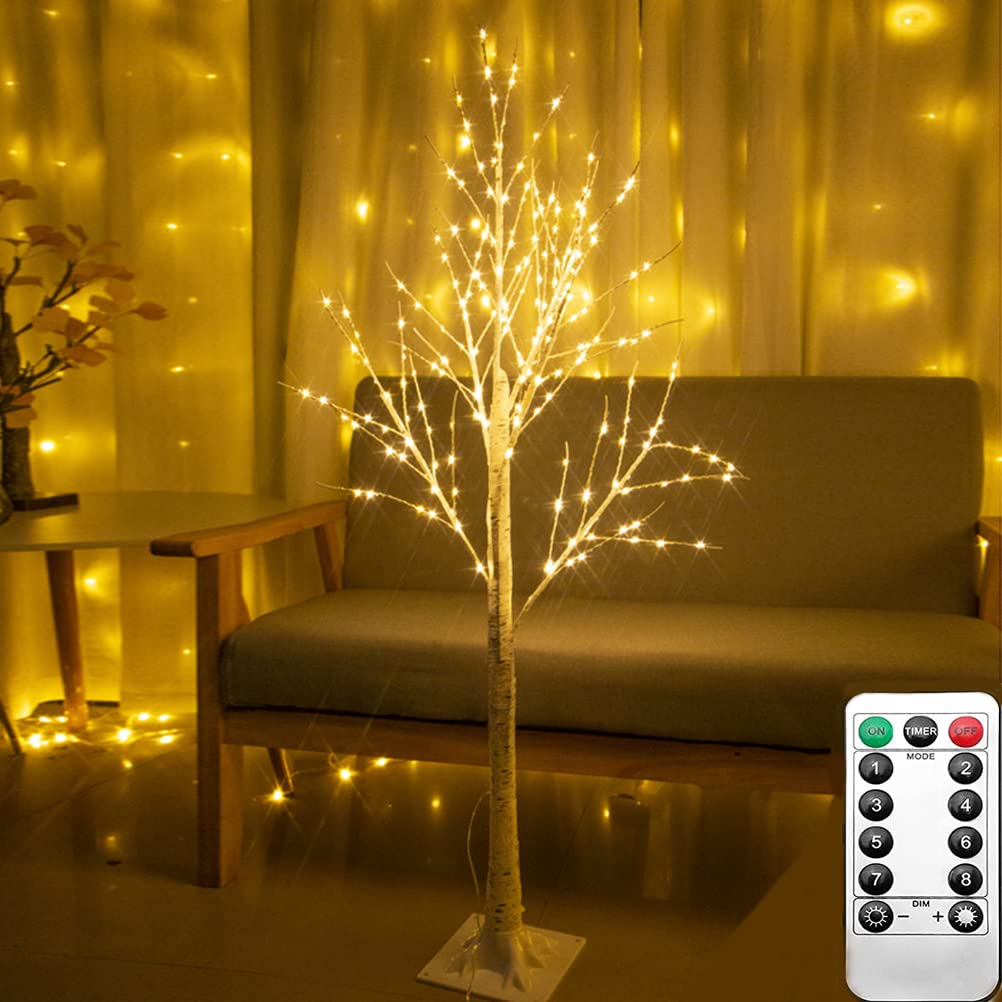 Árbol de Luz LED Navideño 210 cm 448 Piezas Blanco Cálido - Cadena de Luz LED Cortina de Estrella 8 Modos Apariencia de Abedul - Decoración Interior y Exterior