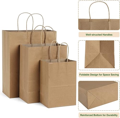 Miniatura 3 de Bolsas de papel kraft marrón con asas de 5 x 3 x 8 y 8 x 4 x 10 y 10 x 5 x 13 pulgadas, 30 unidades, bolsas de regalo, bolsas de compras, bolsas de