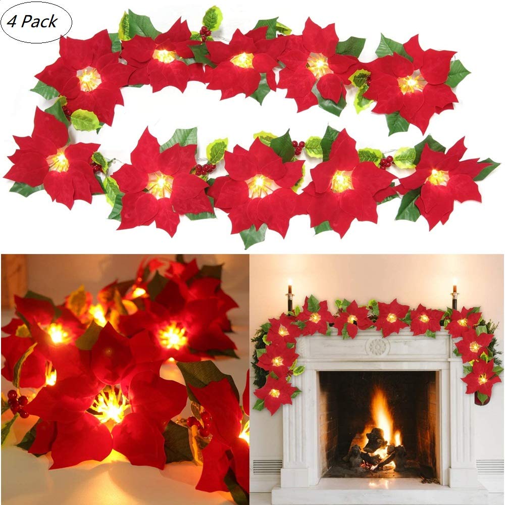 Künstliche Weihnachtsstern Lichtschnur 40LED Rote Beeren Ahornblatt Rebe Fee Girlande Licht Blumenpflanze Weinkranz Lampe Batterie Angetrieben(Rot Poinsettia-LED, 4 Sätze)